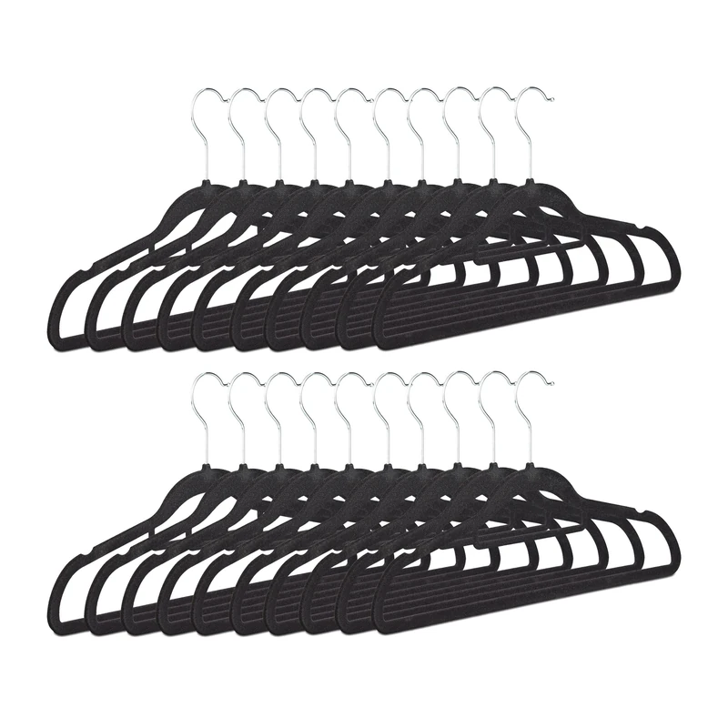 Relaxdays Clothes Hangers Set of 20, Narrow, Space-Saving Trouser Hangers, Velvet, Plastic, HWD: 22.5 x 41.5 x 0.6, Black
