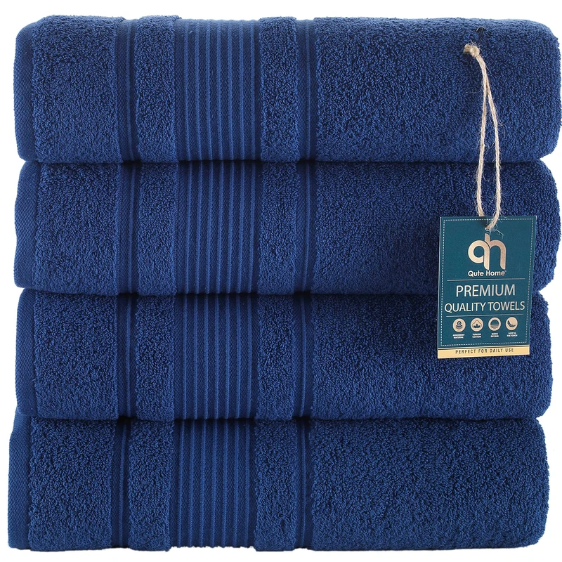Qute Home 4-Piece Bath Towels Set, 100% Turkish Cotton Premium Quality Towels for Bathroom, Quick Dry Soft and Absorbent Turkish Towel, Set Includes 4 Bath Towels (Navy Blue)