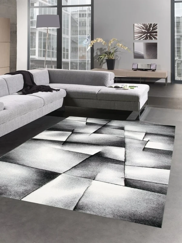 CARPETIA Modern Short Pile Living Room Rug Contour Cut Checked Abstract Grey Black White Size 80 x 300 cm