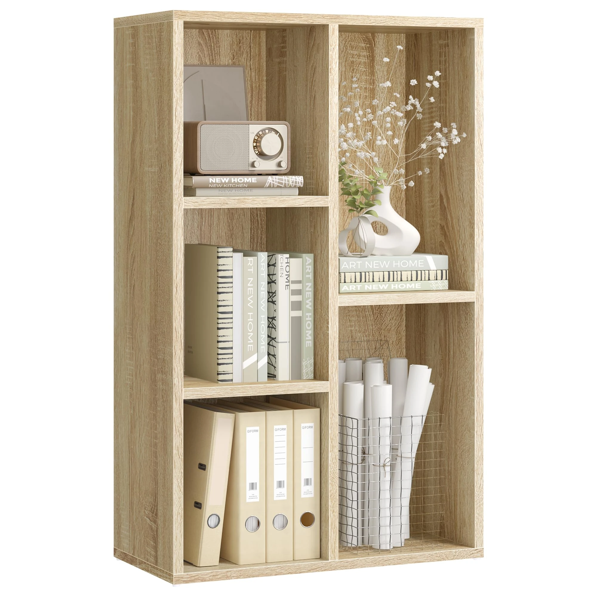 VASAGLE Bookcase, Bookshelf, Storage Shelf with 5 Compartments, Standing Shelf, Cube Shelf, for Living Room, Home Office, Dinning Room, Oak Colour LBC25NL