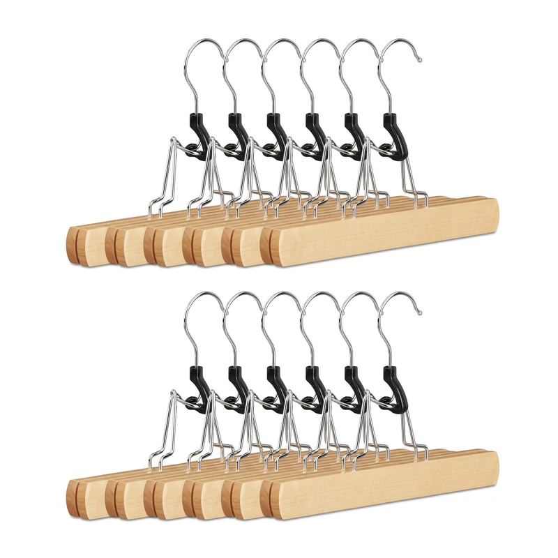 Relaxdays Wooden Clamp Coat Hangers for Trousers, Coat Hangers Set of 12, Silver Hanger with Felt Lining, HWD: 17 x 25 x 2.3, Natural