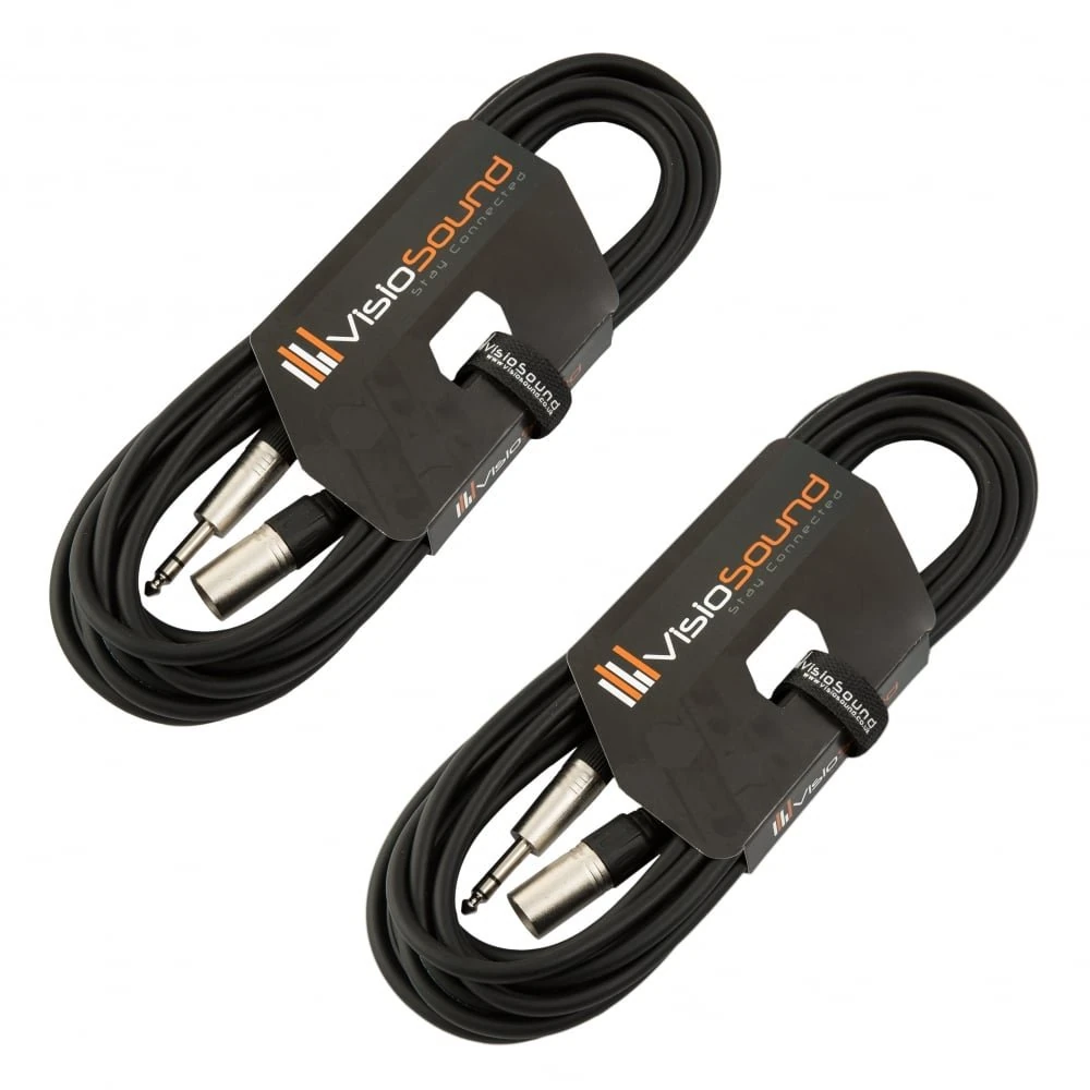 VisioSound 2 x Male XLR to 6.35mm Stereo Jack Lead/Balanced Signal Patch Cable / 2 Pack 6m Black/Black