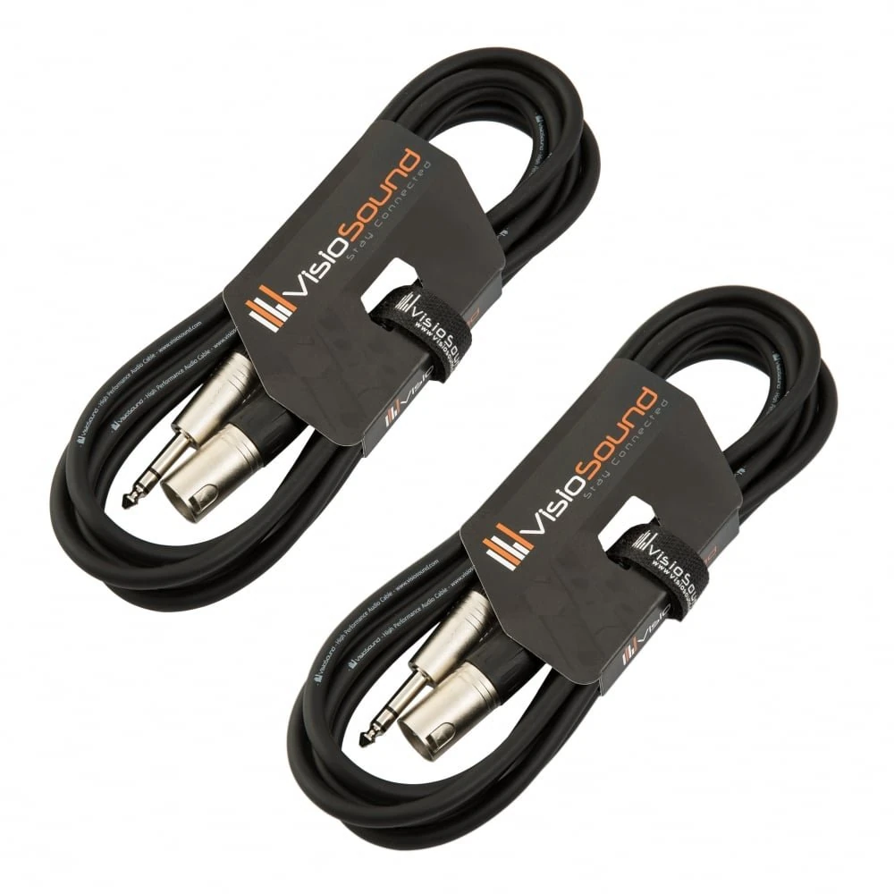 VisioSound 2 x Male XLR to 6.35mm Stereo Jack Lead/Balanced Signal Patch Cable / 2 Pack 3m Black/Black
