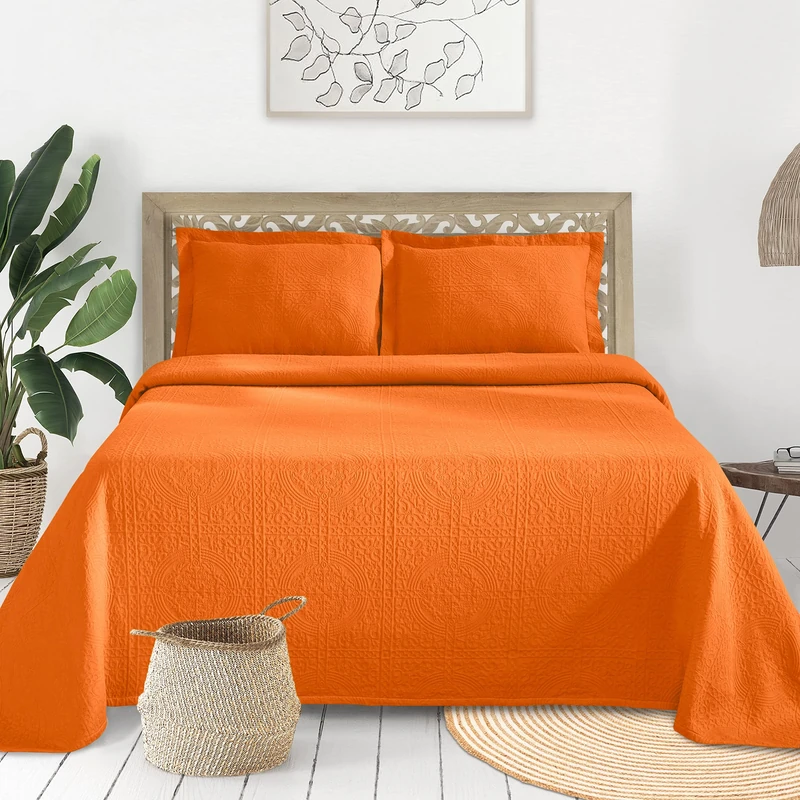 Superior Cotton Fleur De Lis Bedspread Set, Warm Blankets, All-Season Bedding, Bedroom Decor, Decorative Boho Medallion Coverlet, Includes 1 Bedspread, 2 Pillow Shams, King, Mandarin