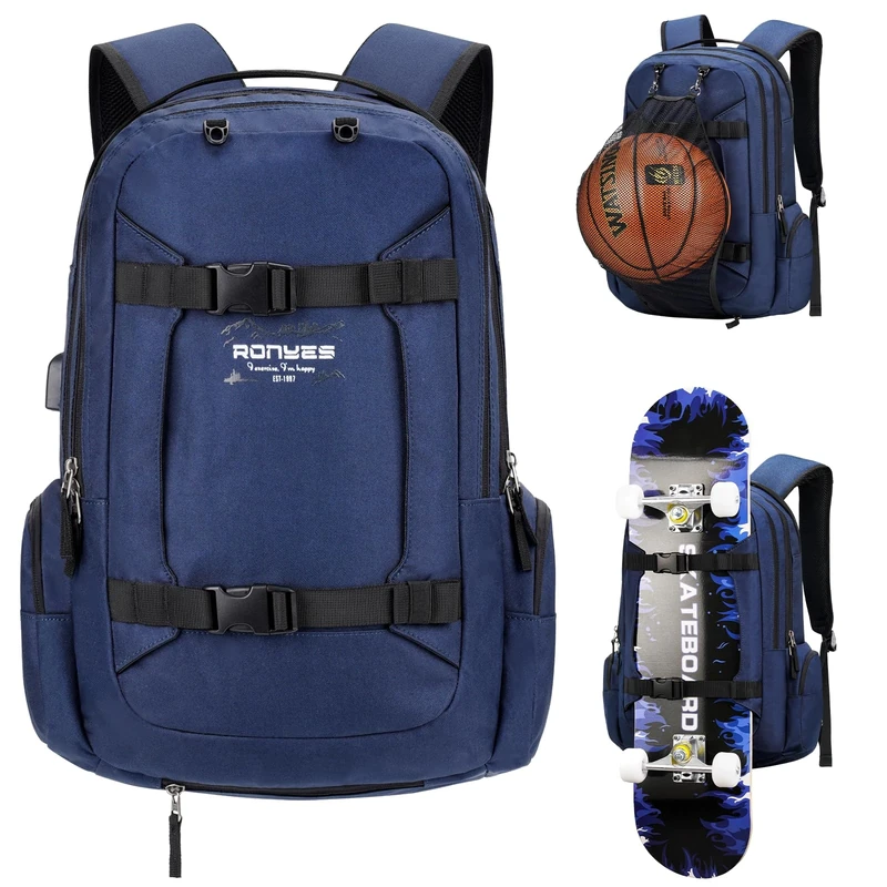 Ronyes Skateboard Backpack Basketball Baseball Football Soccer Ball Multi-function Backpack With USB Port Basketball Net Fits 17.3 Inch Laptop Blue