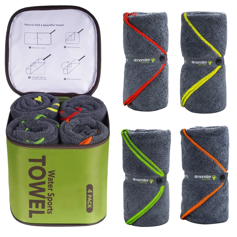 Monster 4 Pack Microfiber Camping Towel Quick Dry,Super Absorbent Portable Swim Towel with Waterproof Towel Bag, Lightweight Boat Towel for RV Sport Gym Beach Pool Family Trip &Travel