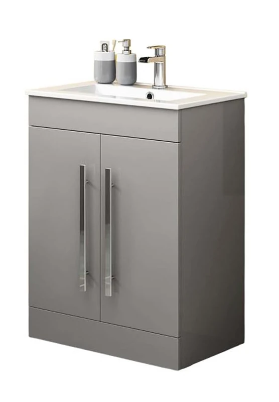 iBathUK Avon Vanity Unit with Basin, Slim Edge Ceramic Wash Basin for Bathroom Furniture, Storage Cabinet with 2 Doors- Gloss Light Grey (Flat Pack)