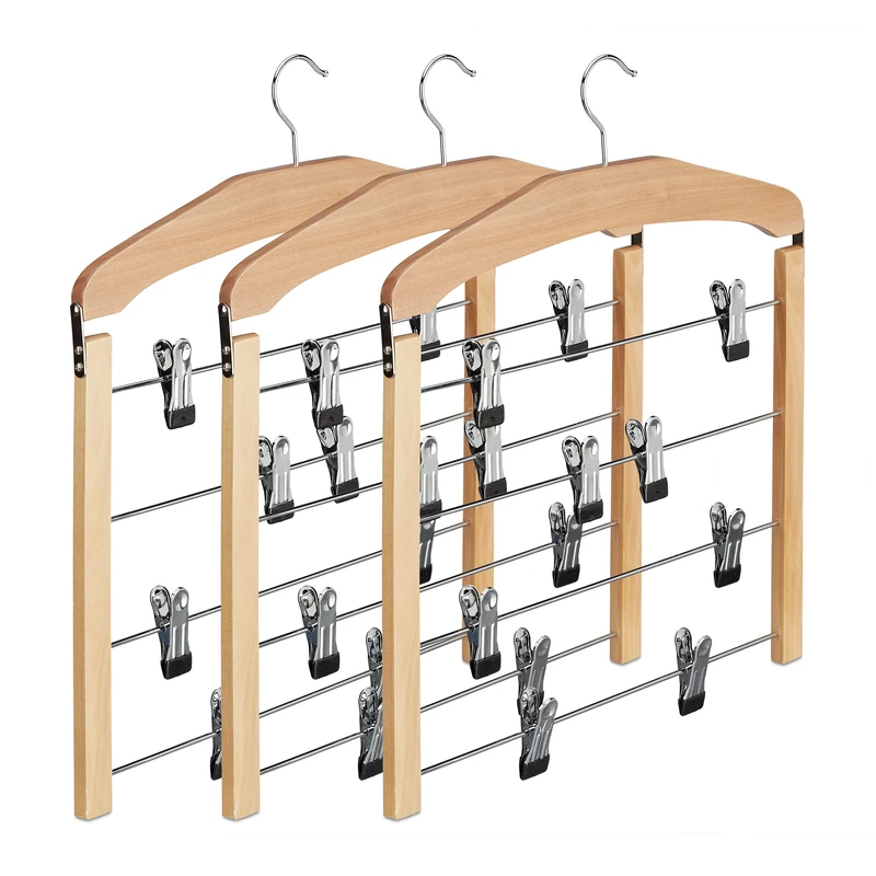 Relaxdays Multiple Trouser Hanger, Wooden Coat Hanger with Rail, Non-Slip Bars, HWD 45.5 x 39 x 2.5, Pack of 3
