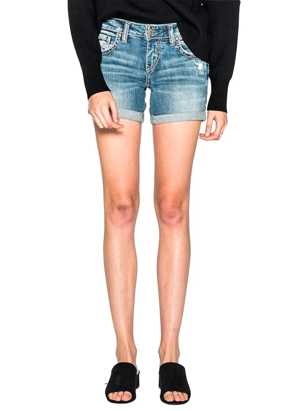Silver Jeans Co. Women's Mid Rise Boyfriend Shorts Denim, Light Wash Sjl268, 33