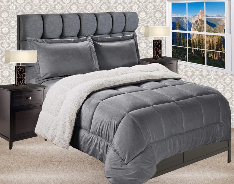 Elegant Comfort Sherpa-Backing Reversible Down Alternative Micro Suede 3 Piece Duvet Set, Faux, Grey, King