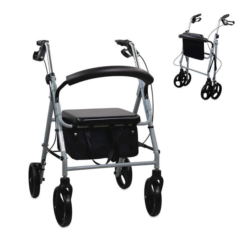 Mobiclinic, Sofía, Rollator with 4 Wheels, Walker for the Elderly and Handicapped, Folding Walking Frame, Brakes on the Handles, Walking Aid, Adjustable Height, Cloth Basket, Backrest, Seat, Grey