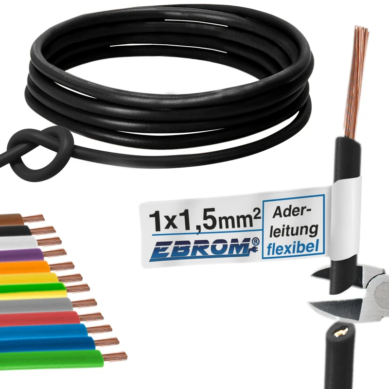 Single core Flexible PVC Cable H07V-K 1.5 mm² Colour: Black 10 m/15 m/20 m/25 m/30 m/35 m/40 m/45 m/50 m/55 m/60 m up to 100 m Freely Selectable