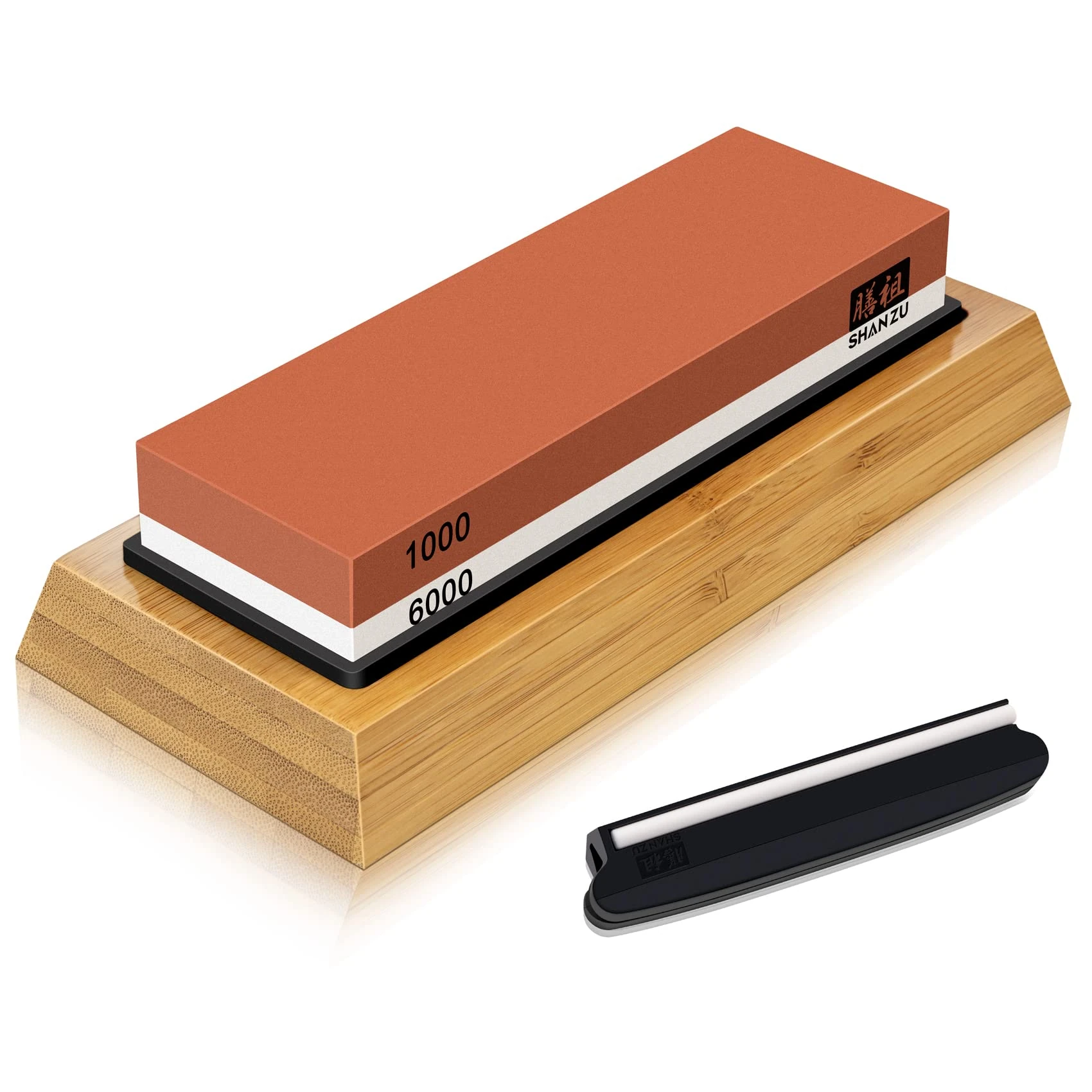 SHAN ZU Sharpening Stone, Whetstone with Angle Guide Non-Slip Bamboo Base grit 1000/6000 Knife Sharpeners, Professional 2-in-1 Wetstone