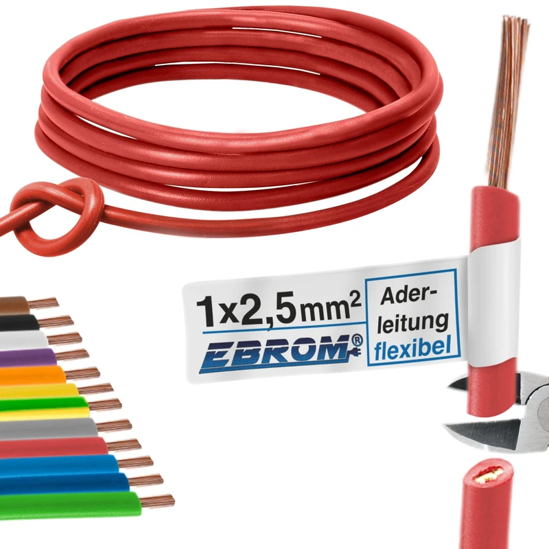 Flexible PVC Cable – H07V-K 2.5 mm² – Colour: Red – Various Lengths Available in 5 Metre Steps, Length: 100 m 2.5 mm²