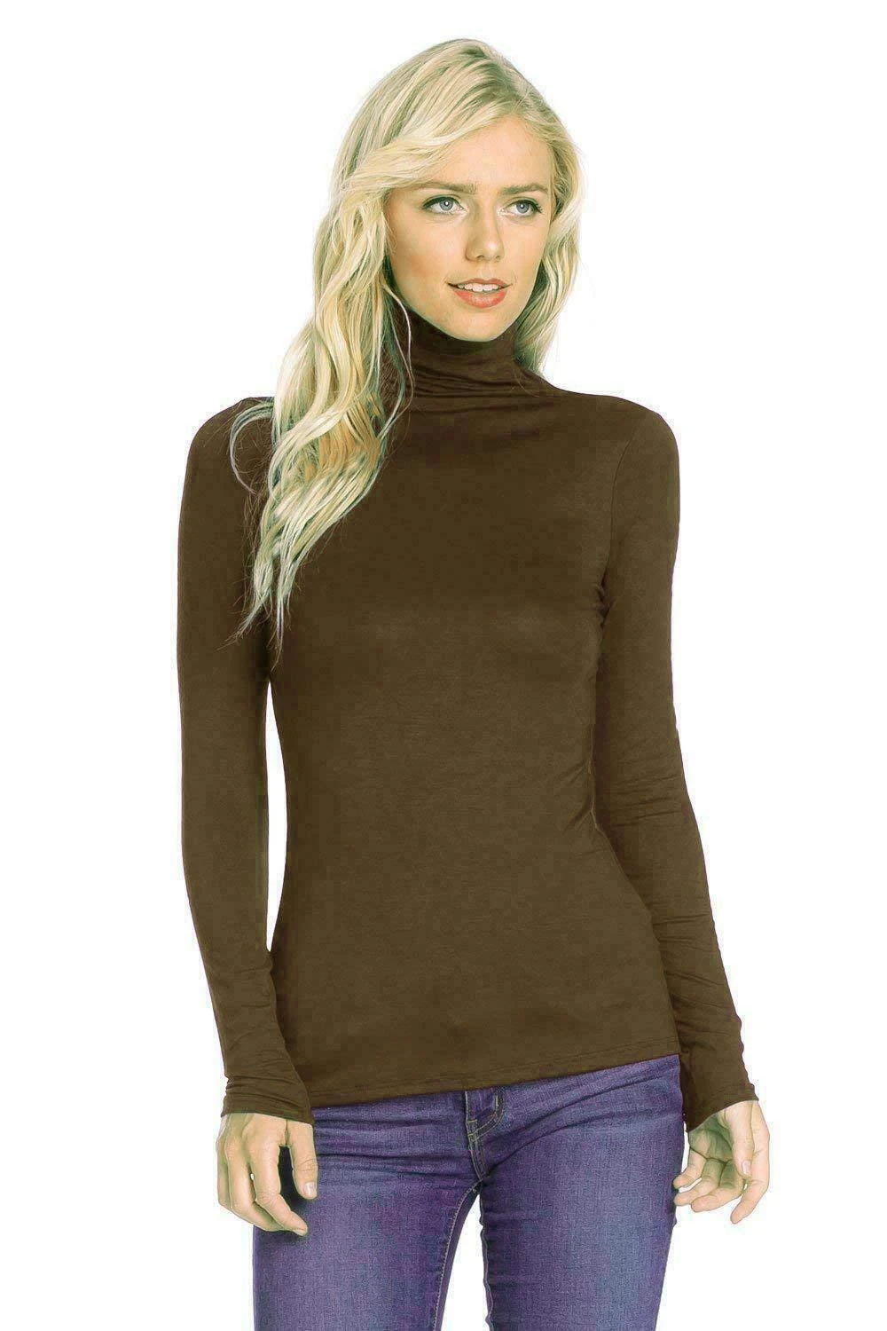 Candid Styles Womens Ladies Polo Roll Neck Long Sleeve Turtle Neck Plain Jumper Top 8 26, 12-14, Brown