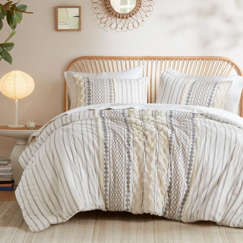 INK+IVY All Season Comforter Cover Bedding Set, Matching Shams, cotton shell, Ivory, King - Image 1