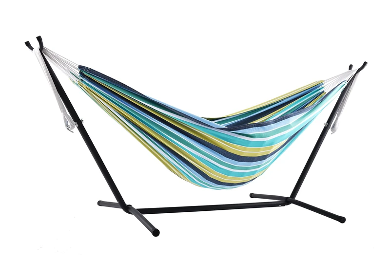 Vivere UHSDO8-29 Double Cotton Hammock with Space-Saving Steel Stand Including Carrying Bag, Cayo Reef