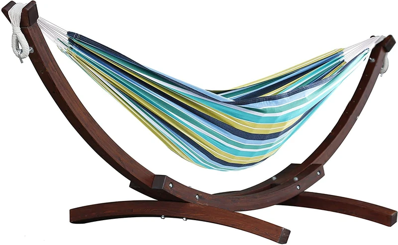 Vivere Blue Lagoon C8SPCT-34 Double Cotton Hammock with Solid Pine Arc Stand
