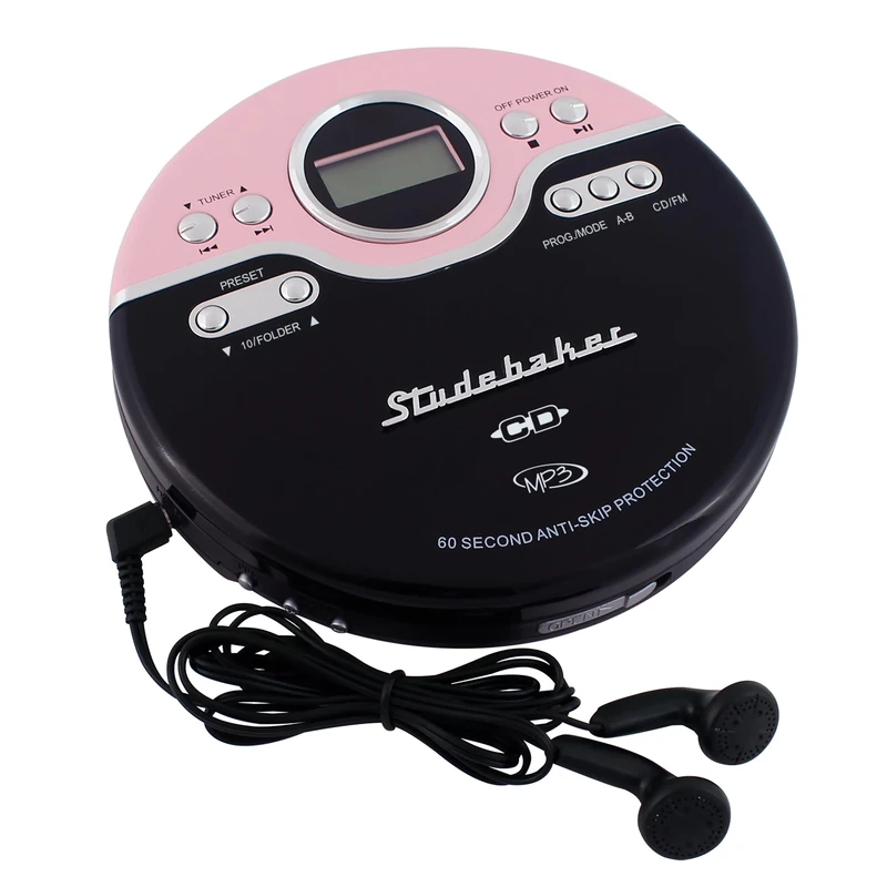 Studebaker SB3703PBB Retro Joggable Personal CD Player with FM Radio, Pink, SB3703PBB CD Player, User Manual, Stereo Headphones, 3.5mm Jack - Image 1