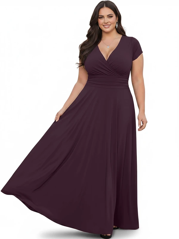 koh koh Womens Sexy Cap Short Sleeve V-Neck Flowy Cocktail Gown, Maroon Wine Red, 3XL - Image 1
