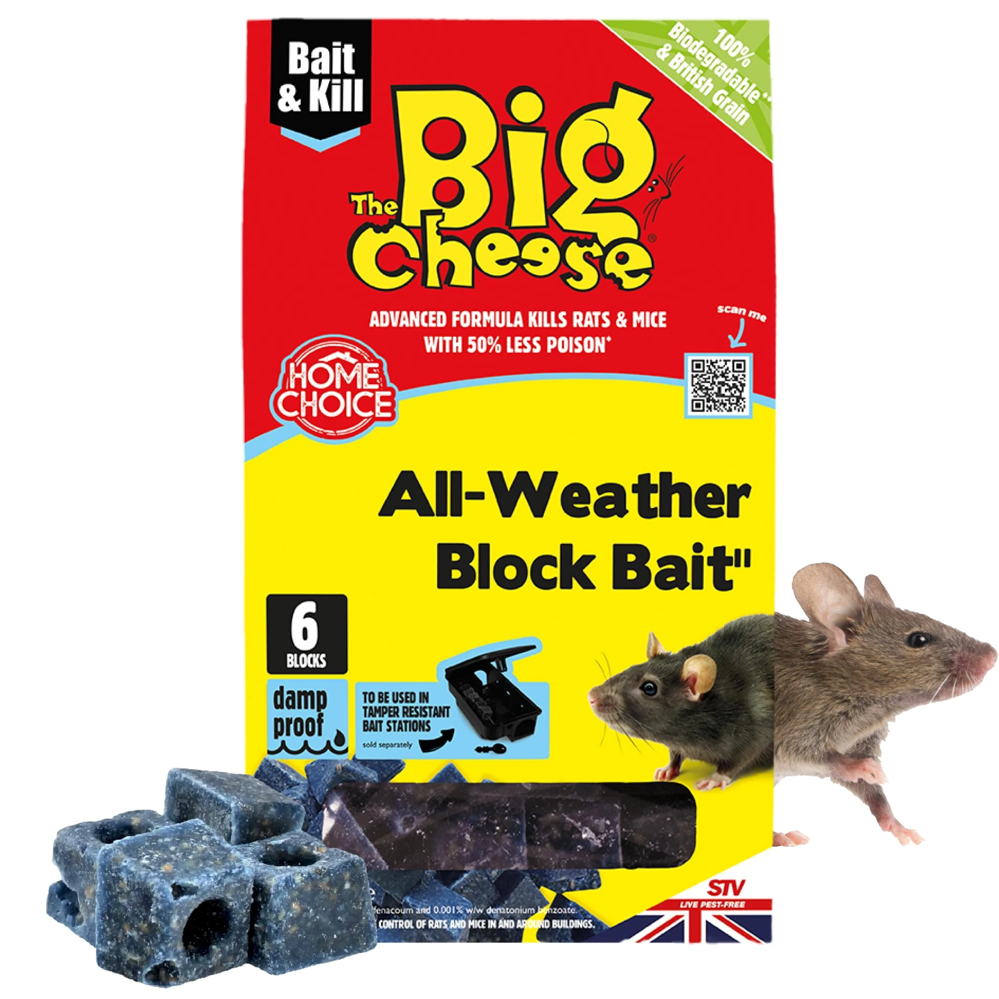 The Big Cheese All-Weather Bait Block - 6 x 10g, Kills Mice and Rats, Pest Control Product - Rat Killer For Mouse Traps, Damp-Proof, Weather-Resistant - Super Strength Rat Poisoning, Pet Safe