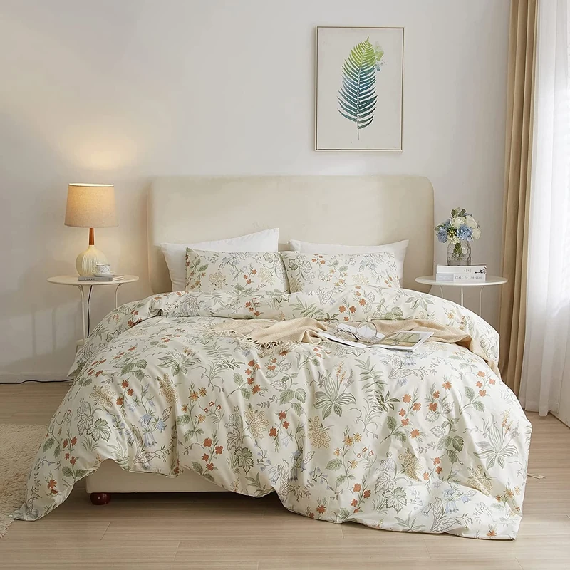 AMWAN Vintage Duvet Cover Queen Garden Style Botanical Bedding Sets 100% Cotton White Floral Comforter Cover Chic Flower Leaf Botanical Duvet Cover Floral Queen Comforter Cover Set