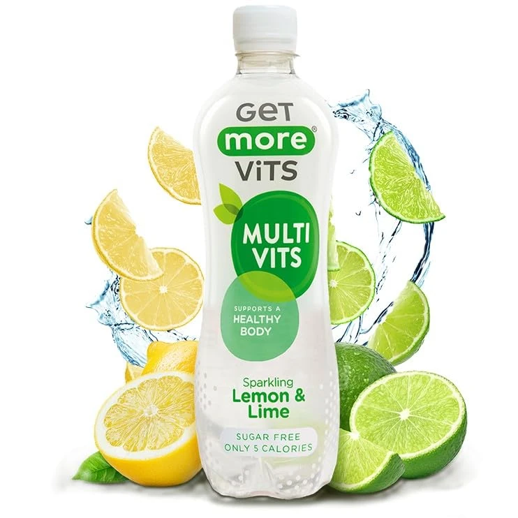 Get More Vits - Multi Vitamin Sparkling Lemon & Lime Flavoured Spring Water (12 x 500ml), Sugar-Free, Low Calorie, Vitamin D, C, & B, Supports a Healthy Body, Vegetarian, Vegan