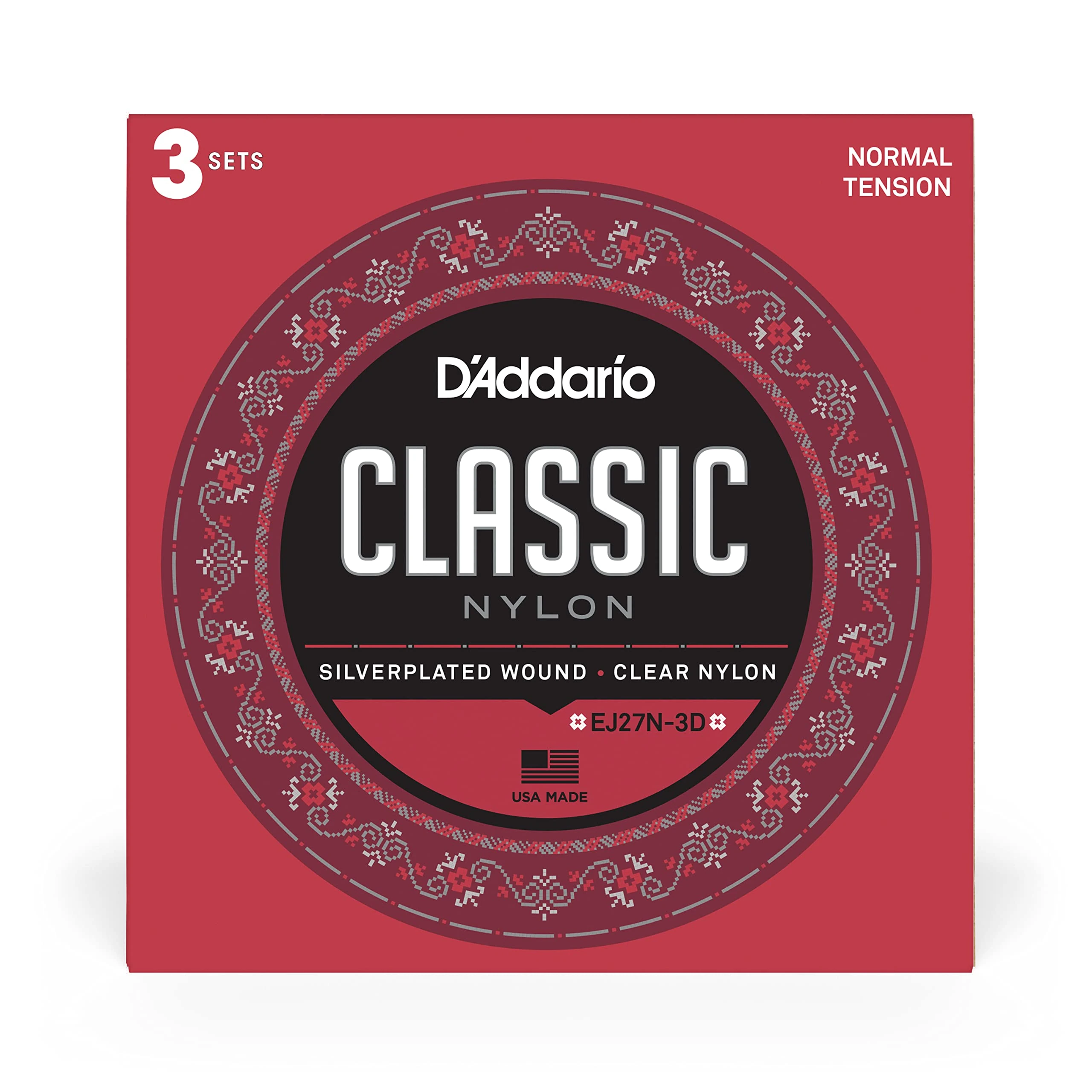 D'Addario Guitar Strings - Classic Nylon Strings - EJ27N Classical Guitar Strings - Silver Plated Wrap, Nylon Core, Clear Student Trebles - Normal Tension, 3-Pack