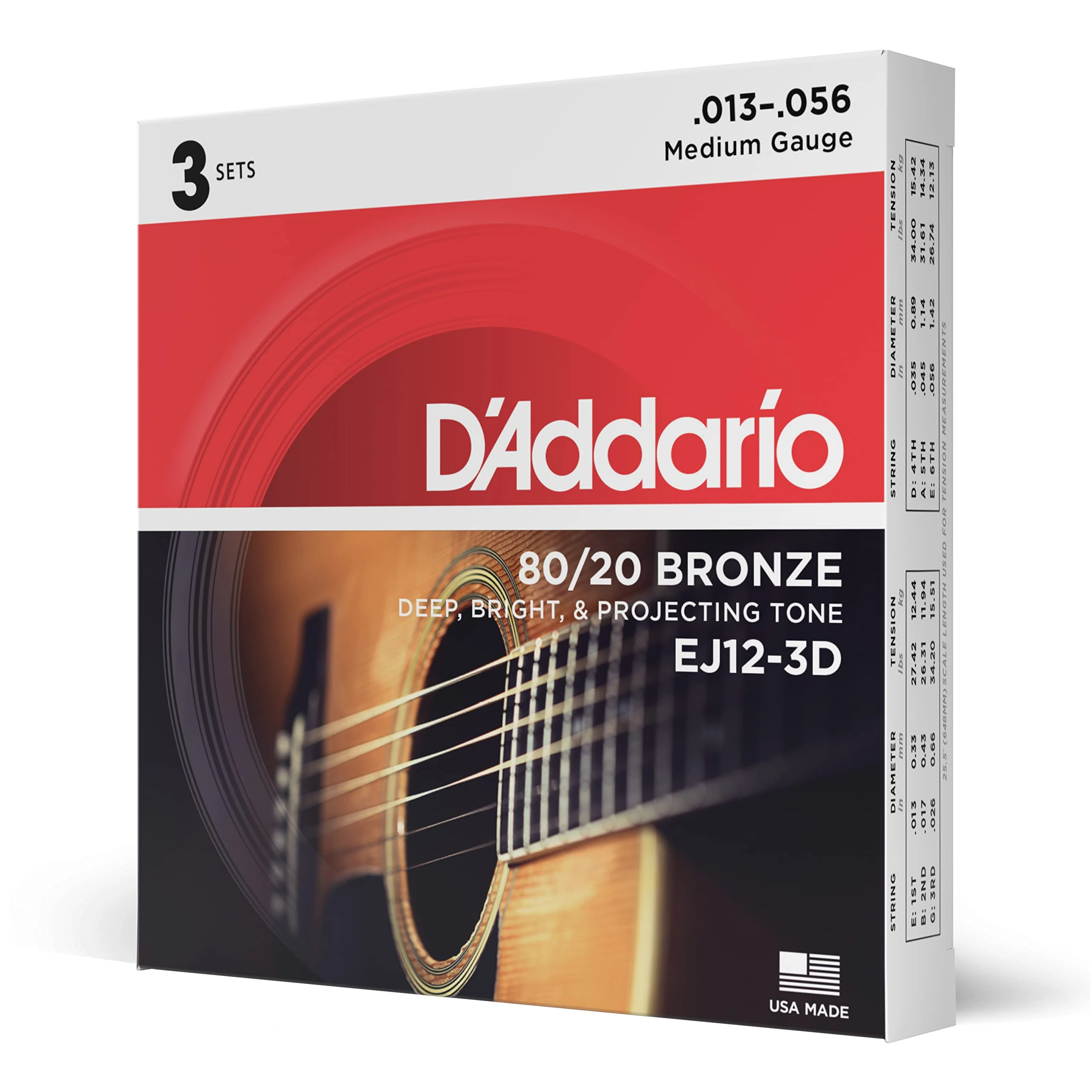 D'Addario Guitar Strings - Acoustic Guitar Strings - 80/20 Bronze - For 6 String Guitar - Deep, Bright, Projecting Tone - EJ12-3D - Medium, 13-56 - 3-Pack