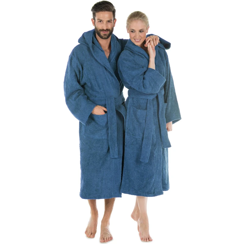 CelinaTex Montana Bathrobe Hooded Plain Long Patched Pockets Stitching Women Men Unisex 100% Cotton XL Blue