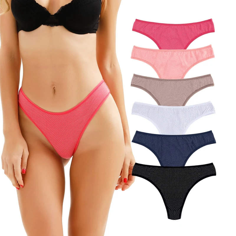 KNITLORD Womens's Breathable Cotton Thongs Underwear Dot Print Sexy Briefs Panties 6 Pack (M)