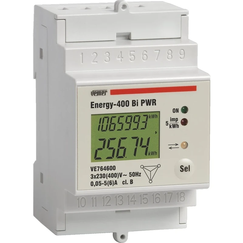 VEMER VE764600 Model ENERGY-400 BI PWR Energy Meter for Three-Phase System. Bidirectional: withdrawn and Injected Active Energy Measurement.