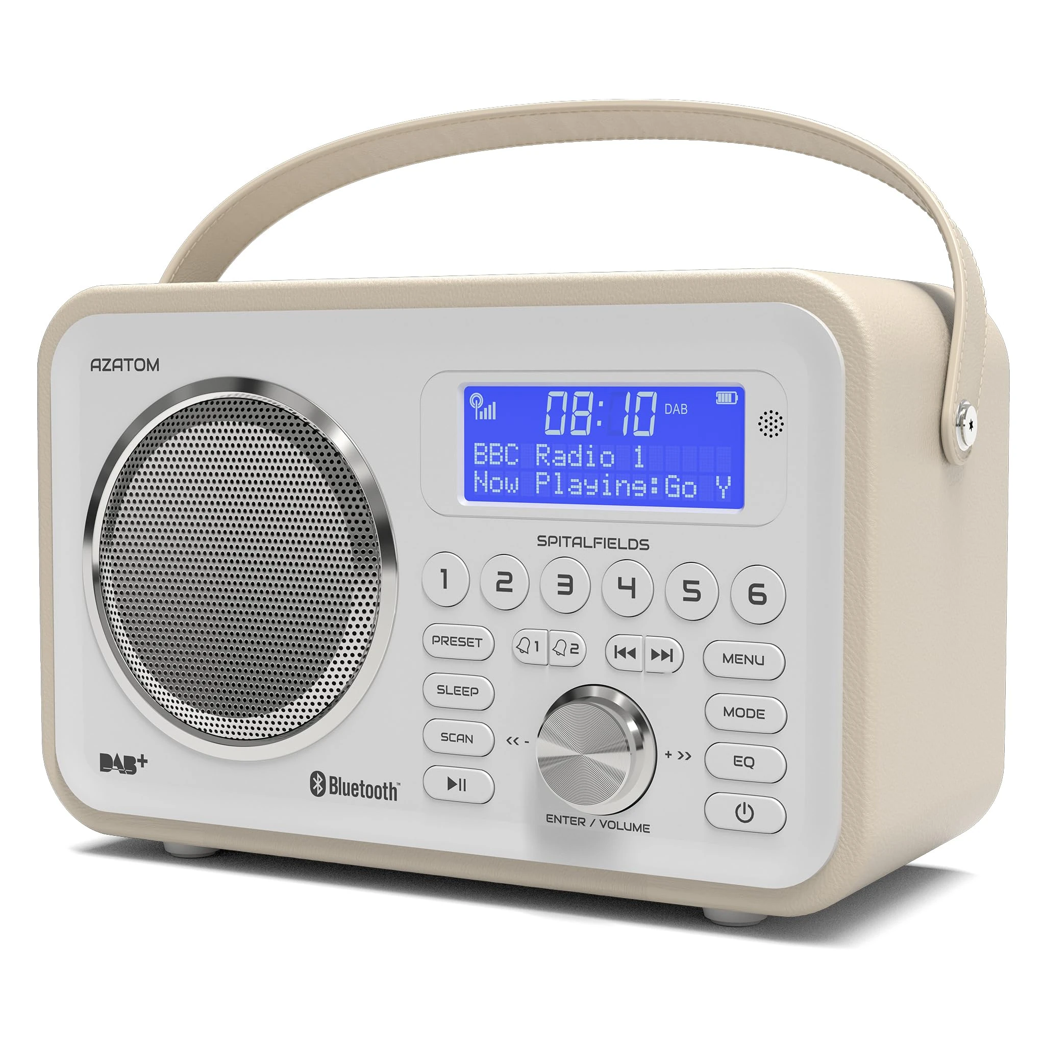 DAB/DAB+ & FM Portable Digital Radio | Leather Design | Bluetooth | Rechargeable Battery | Dual Alarms & Sleep Timer | Perfect for Home, Office or Outdoors | AZATOM Spitalfields 2 (White)