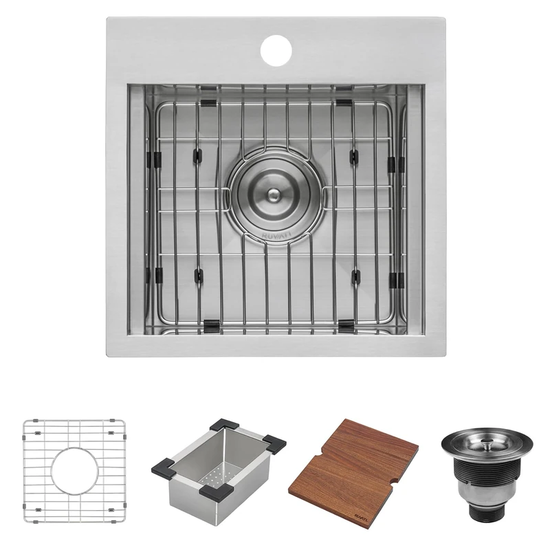 Ruvati 15 x 15 inch Workstation Drop-in Topmount Bar Prep RV Sink 16 Gauge Stainless Steel - RVH8215