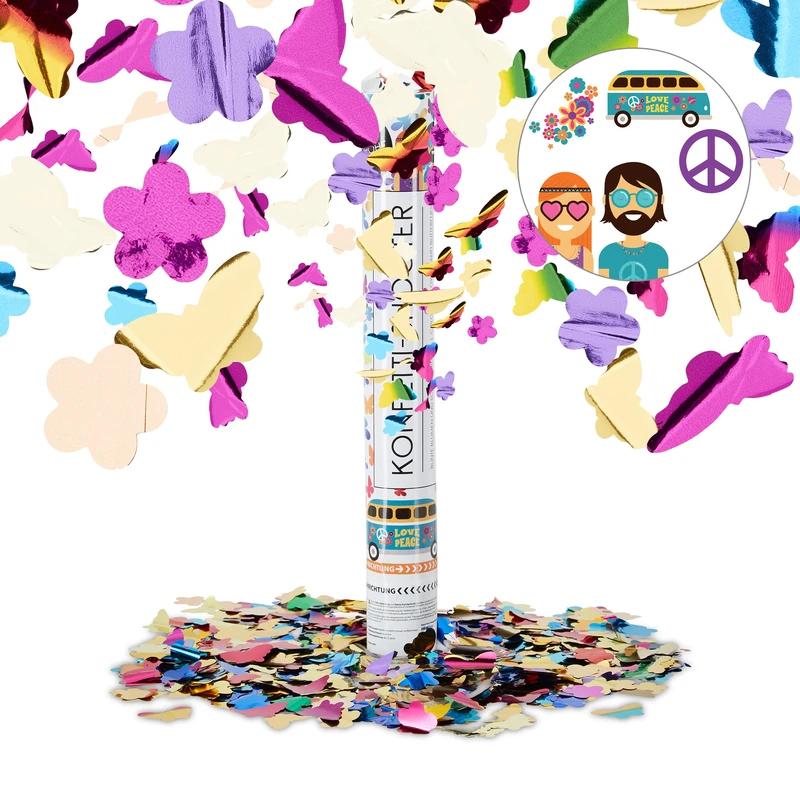 Relaxdays Party Popper with Butterflies, Flowers, Confetti Cannon for Theme Parties, 40 cm Party Shooter, Multicolour