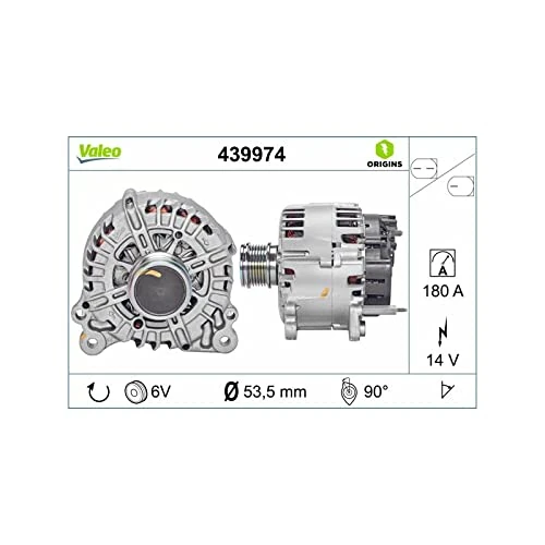 VALEO 439974 Alternator Alternator Charge current: 180 Amp Grooves: 6 grooves Pulley diameter: 53,5 mm Voltage: 14 V Rotation direction: CLOCKWISE
