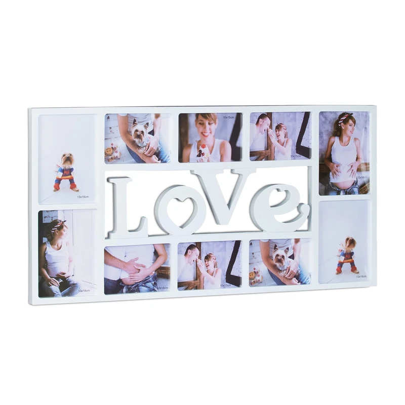 Relaxdays Picture Frame LOVE, Photo Frame for 10 Pictures, Plastic, HxWxD: 36.5 x 72 x 2 cm, White - Image 1