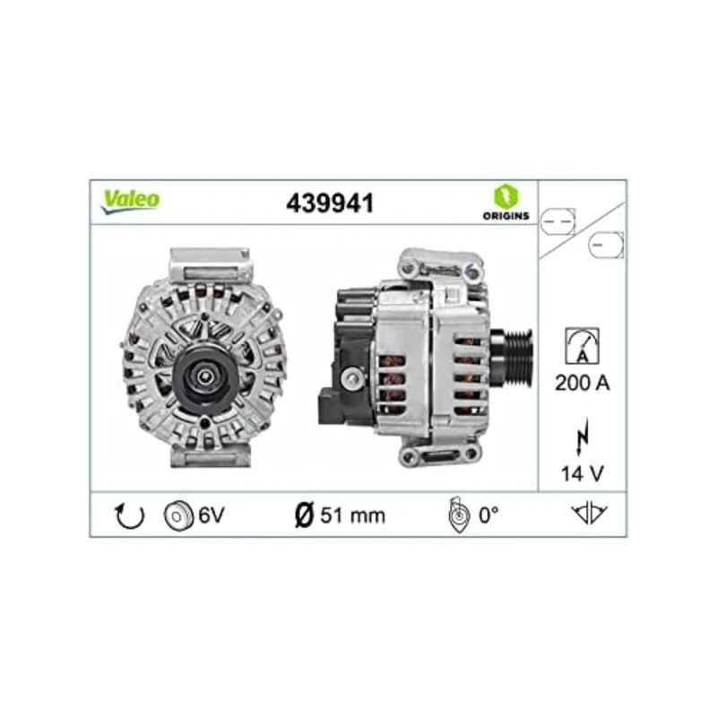 VALEO 439941 Alternator Alternator Charge current: 200 Amp Grooves: 6 grooves Pulley diameter: 51 mm Voltage: 14 V Rotation direction: CLOCKWISE