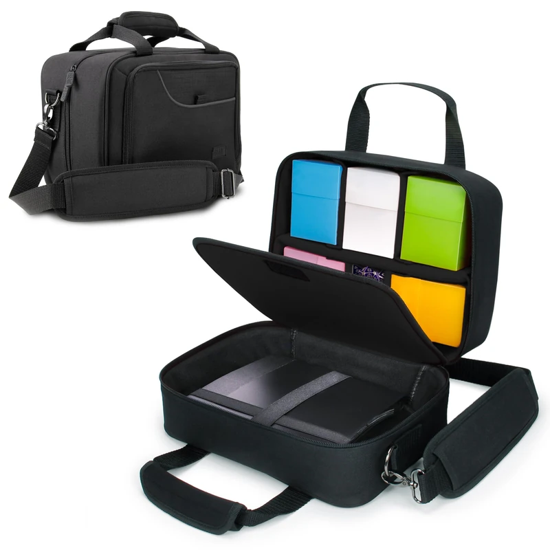 USA Gear Card Deck Storage Bag Compatible with TCG and CCG Card Games - Protector Bag with Padded Shoulder Strap, Customizable Interior, Weather Resistant - Fits Boxes - Black