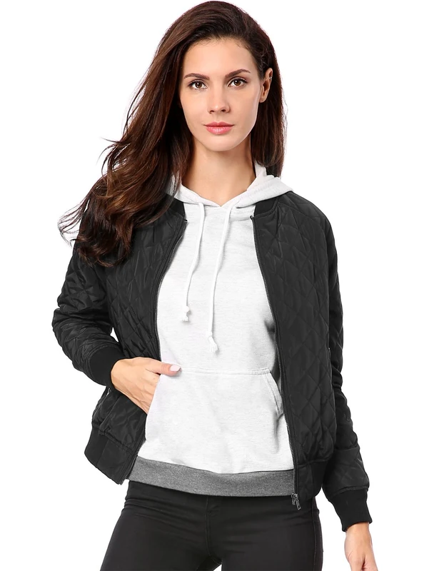 Allegra K Women's Zip Up Raglan Long Sleeves Quilted Bomber Jacket Black XS