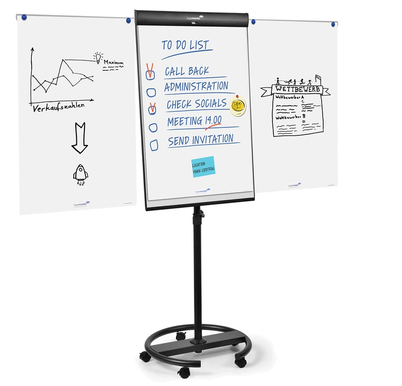 Legamaster Universal Triangle Flipchart - Magnetic and Dry-wipeable Whiteboard Surface (68x105 cm) - Round Base - Black - Ideal for Meeting Notes and Brainstorming