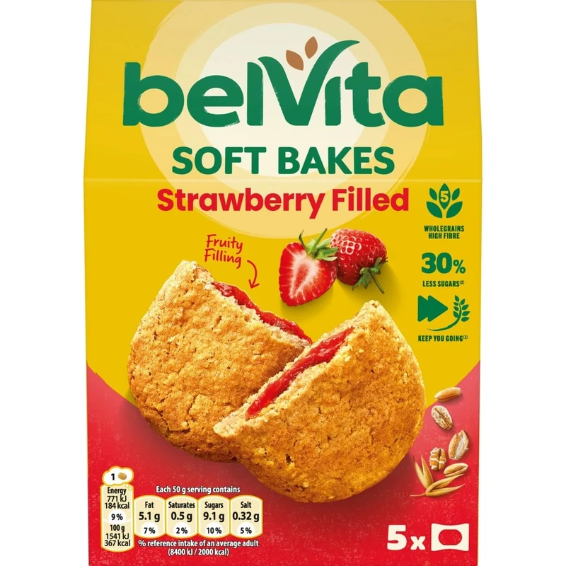 Belvita Breakfast Biscuits Soft Bakes Filled With Strawberry, Delicious Strawberry Filled Biscuits, 5 x 50 g Biscuits (Pack of 1)