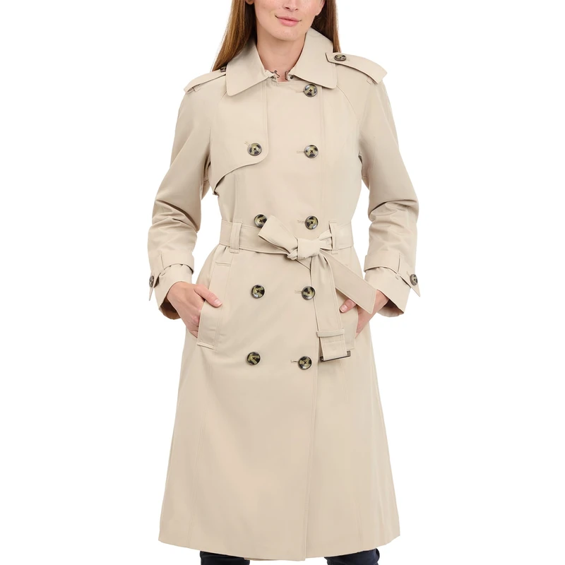 London Fog Women's Double-Breasted 3/4 Length Belted Trench Coat Raincoat, Stone, 1X