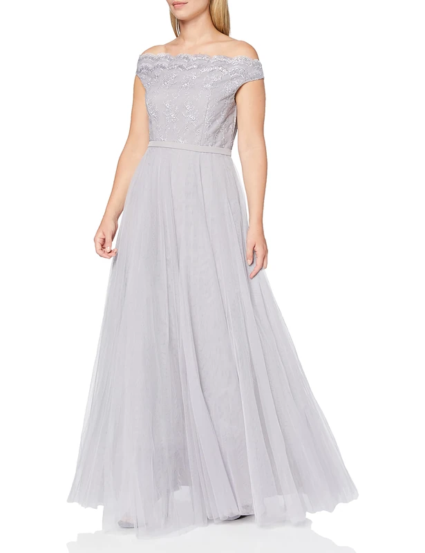 Little Mistress Women's Grey Off The Shoulder Embroidered Mesh Maxi Dress Party, 10