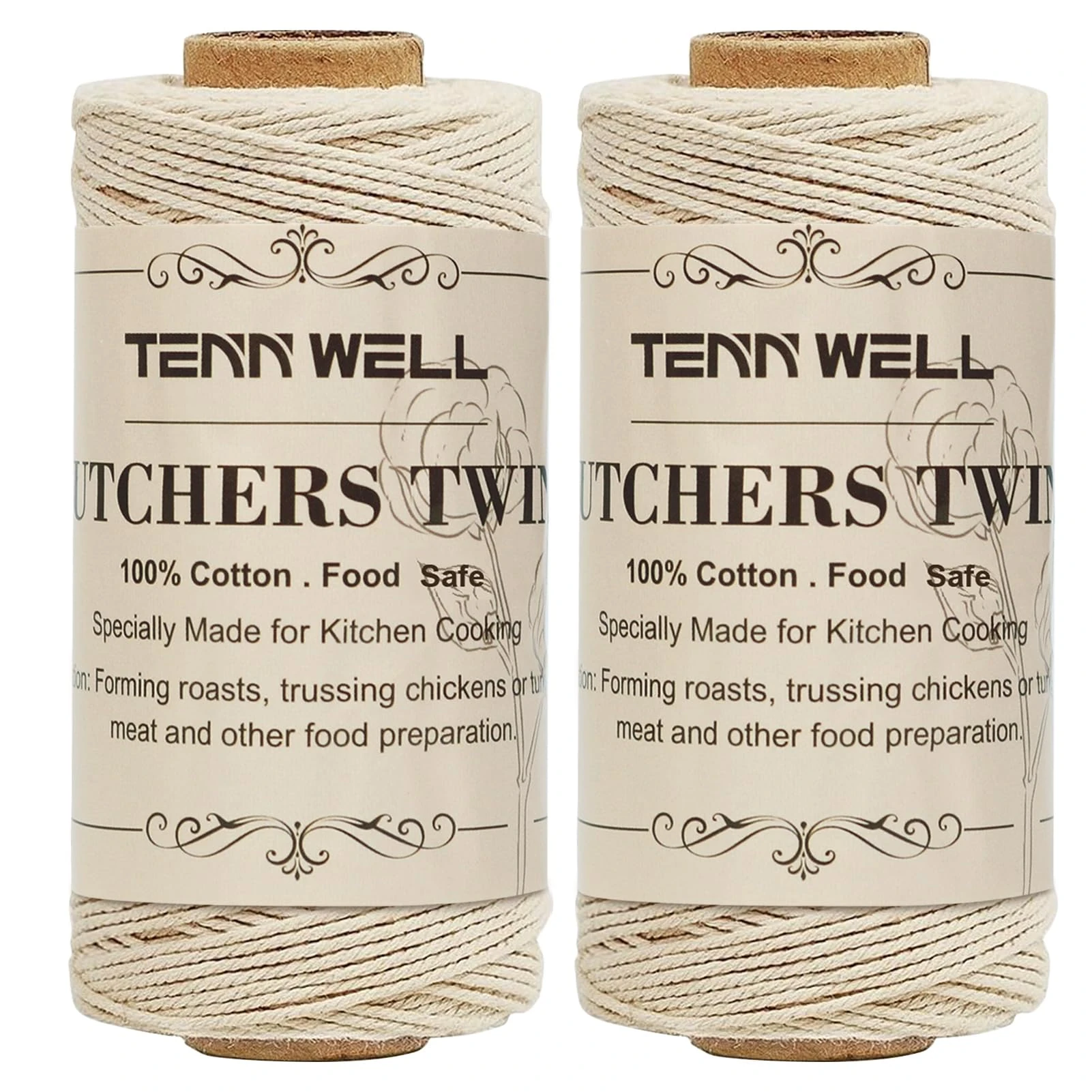 Tenn Well Butchers String, 3Ply 200m Strong Cotton Kitchen Twine Food Safe Oven Cooking String for Meat Trussing Tying, Chicken Roasting and Sausage Making (Beige)
