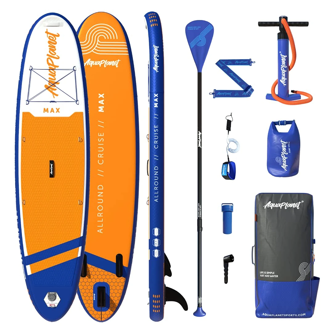 AQUAPLANET Inflatable Stand Up Paddle Board Kit - Max, Orange, 10.6 Foot, Ideal for SUP Beginners & Experts, Includes Fin, Paddle, Pump, Repair Kit, Backpack, Leash, Dry Bag, Carry Strap