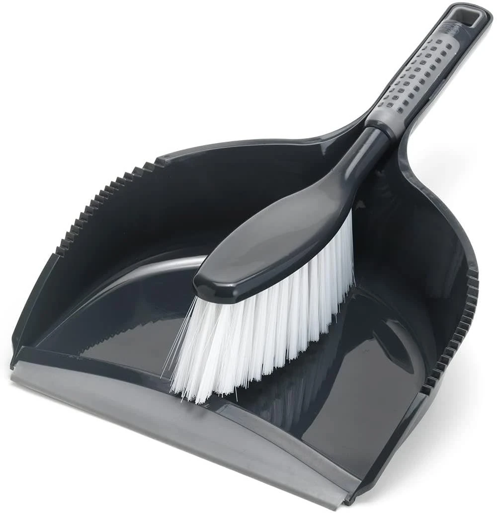 Addis ComfiGrip Dustpan and Brush with Rubber Lip and Dirt-trapping Bristles, Metallic Graphite, 11 x 23 x 35 cm