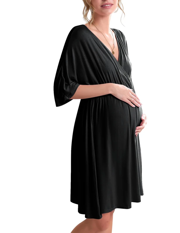 Ekouaer Hospital Nightgown Womens Sleeveless Maternity Nursing Breastfeeding Sleepwear - Black -