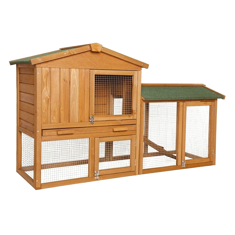 lionto Wooden rabbit hutch on two levels with ramp, 147x52x85 cm, water-repellent bitumen roof & wire mesh, winter-proof rabbit hutch for outdoors with 3 entrances & removable drawer