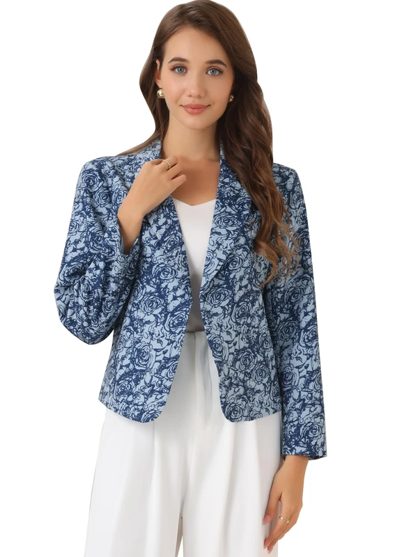 Allegra K Women's Suit Suede Blazers Notch Lapel Open-Front Allover Printed Blazers Jackets for Women Blue-Floral 8